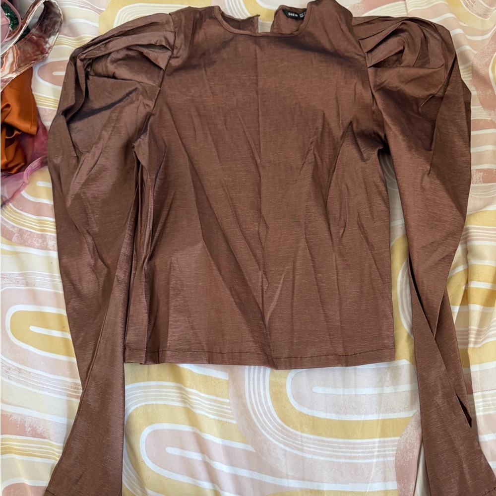 SHEIN Brown Puff Sleeve Fitted Blouse